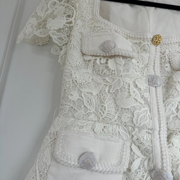 NWT Self-Portrait Guipure Lace Midi Dress Cream Sz 8 Pleated Skirt Square Neck - Picture 8 of 11